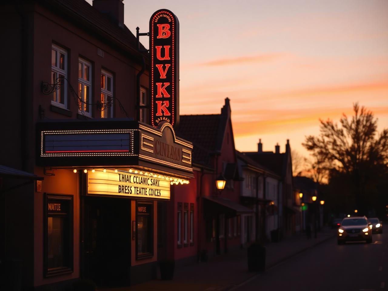 Tønder biograf marquee ved skumringen